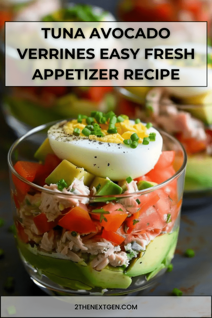 Layered tuna avocado verrines in glass cups with creamy mashed avocado, seasoned tuna, diced tomatoes, and half boiled egg on top, garnished with chives.