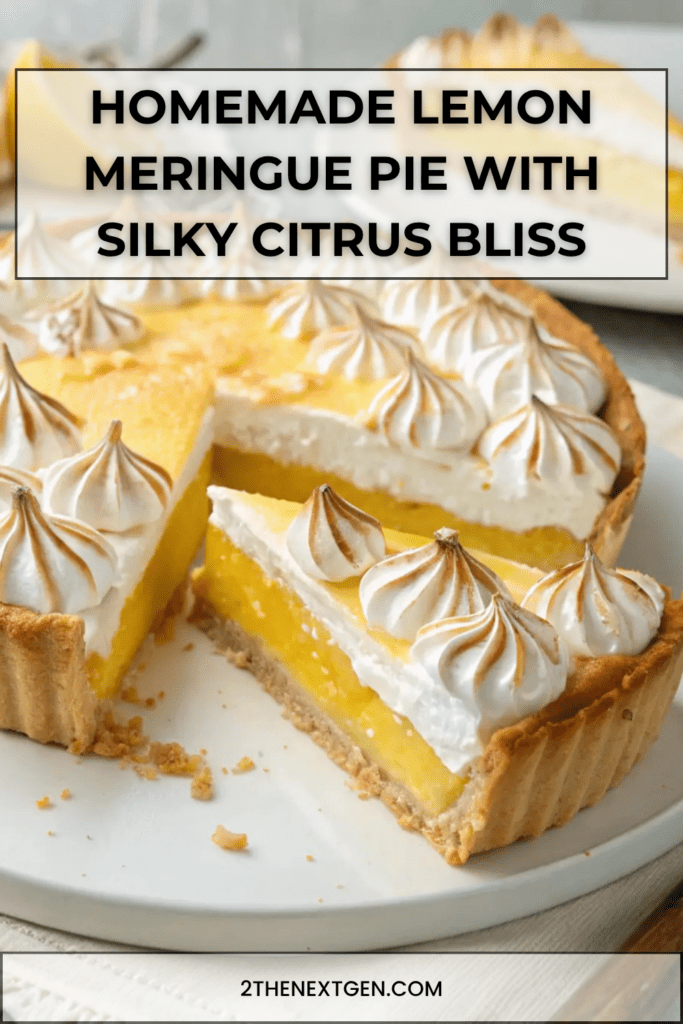 Homemade lemon meringue pie with a golden shortcrust base, smooth bright yellow lemon filling, and tall swirls of lightly toasted meringue on top, served on a dessert plate with fresh lemon slices nearby.