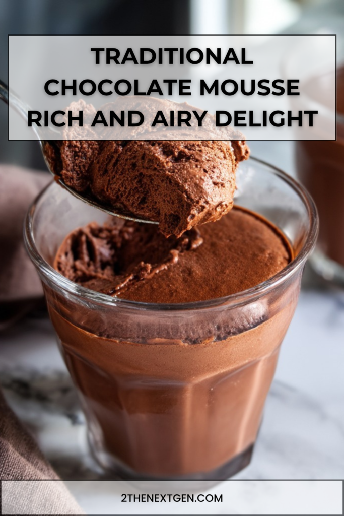 Traditional chocolate mousse served in glass cups with a smooth, airy texture, topped with chocolate shavings and a slightly glossy surface, placed on a dark elegant background.