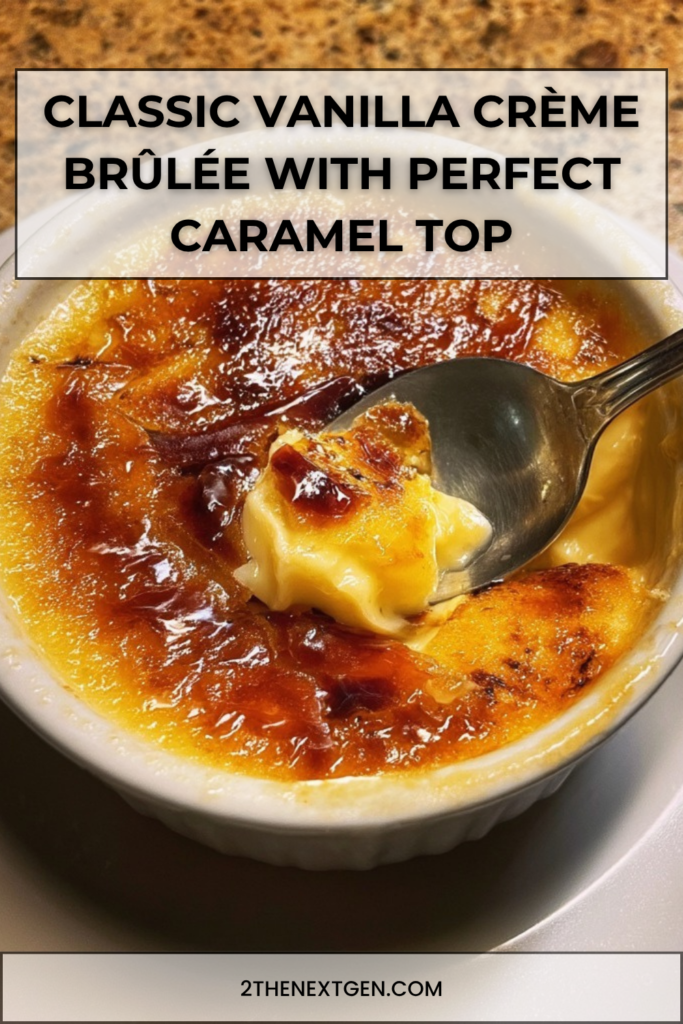 Classic vanilla crème brûlée in ceramic ramekins with a smooth creamy custard and a golden caramelized sugar crust, slightly cracked on top, served with a spoon.