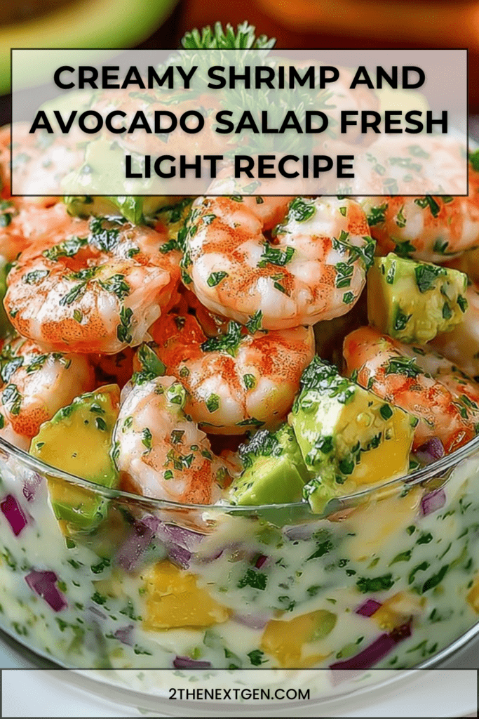 Creamy shrimp and avocado salad served in a bowl with pink shrimp, diced green avocado, fresh herbs, and a smooth herb dressing, garnished with parsley and lemon slices.