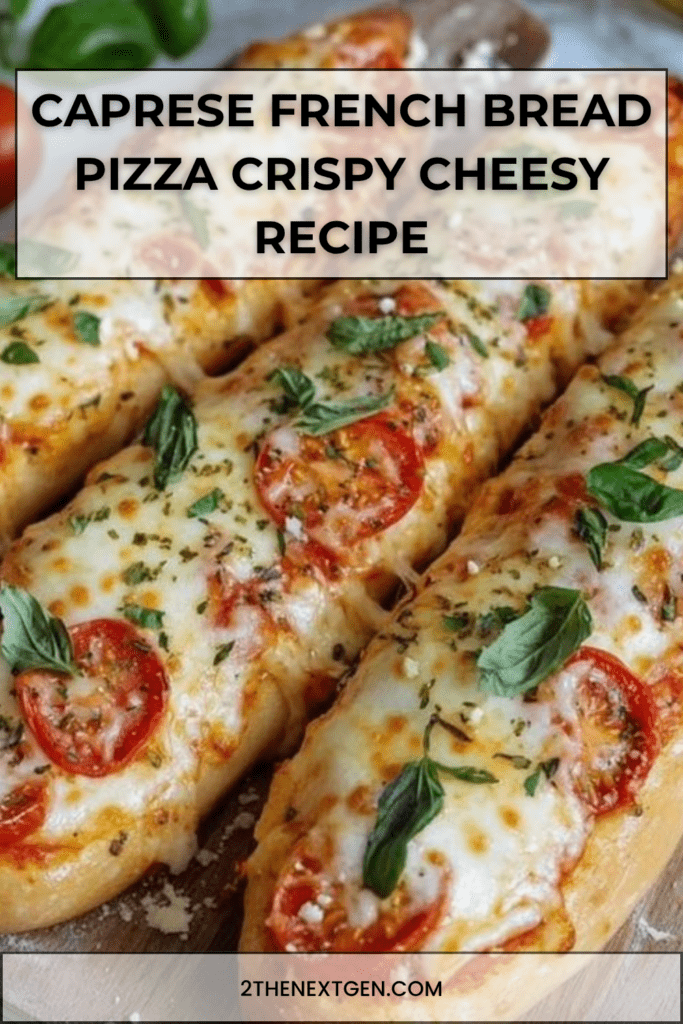 Caprese French bread pizza with melted mozzarella, fresh tomato slices, basil leaves, and a drizzle of balsamic glaze on a crispy toasted baguette.