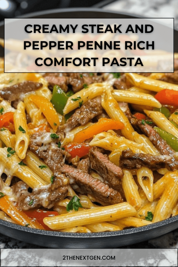 Creamy steak and pepper penne pasta in a bowl with tender beef strips, colorful bell peppers, and a rich cheesy cream sauce, garnished with parsley.