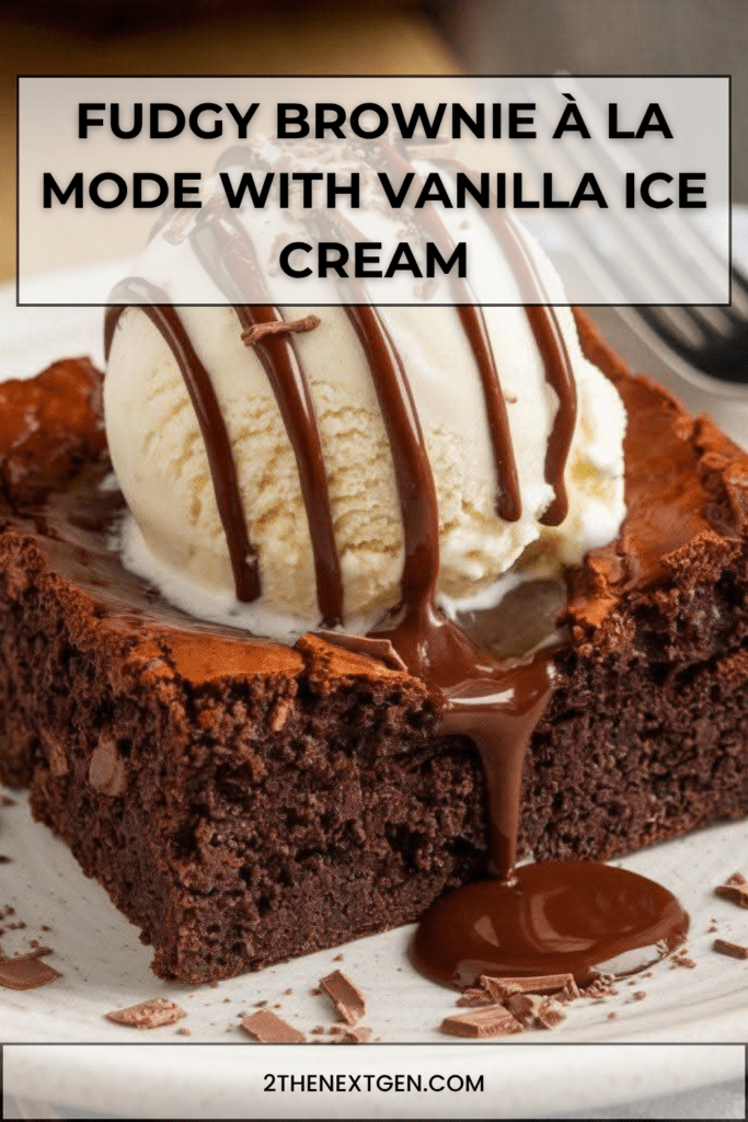 Warm fudgy chocolate brownie topped with a scoop of vanilla ice cream and drizzled with glossy chocolate sauce, served on a dessert plate.