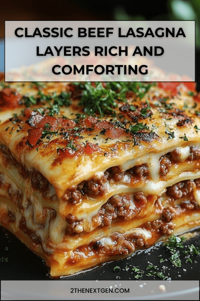 Classic beef lasagna in a baking dish with visible layers of pasta, rich meat sauce, creamy ricotta, and melted golden mozzarella cheese on top.