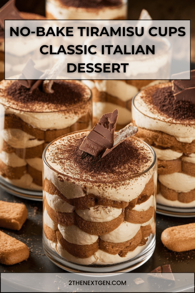 No-bake tiramisu cups in glass jars with layers of coffee-soaked ladyfingers, creamy mascarpone filling, cocoa powder dusting, and chocolate shavings on top.