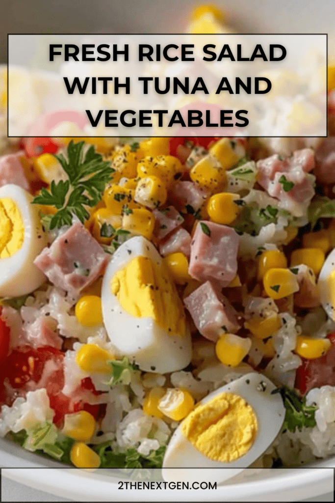 Fresh rice salad in a bowl with fluffy rice, tuna, diced bell peppers, tomatoes, corn, red onion, and herbs, lightly dressed with olive oil vinaigrette.