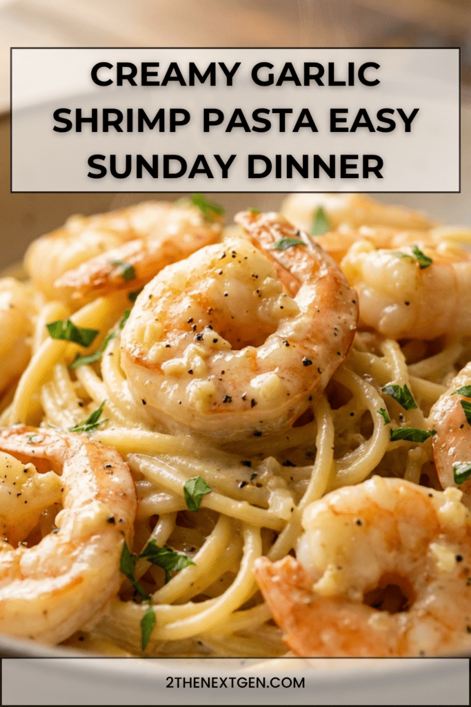 Creamy garlic shrimp pasta served in a bowl with spaghetti coated in a rich cream sauce, tender shrimp, grated Parmesan, and fresh parsley garnish. sunday dinner idea.