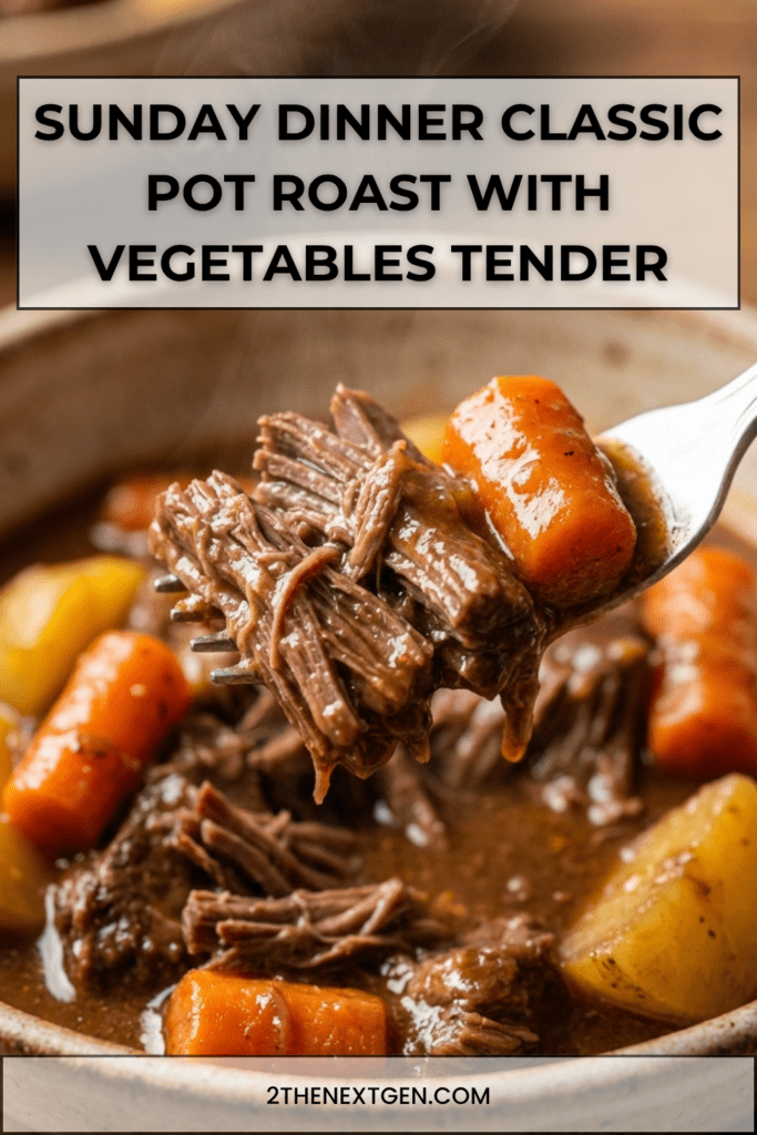Classic Sunday Dinner pot roast in a Dutch oven with tender beef, carrots, and potatoes in a rich savory gravy, served hot on a rustic table.