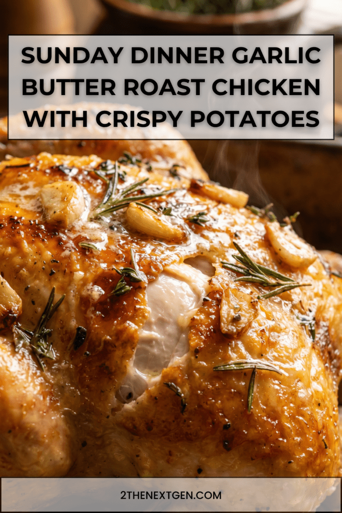 Whole roasted chicken with golden crispy skin, surrounded by roasted baby potatoes, garnished with herbs and lemon, served on a rustic tray. Easy Sunday Dinner