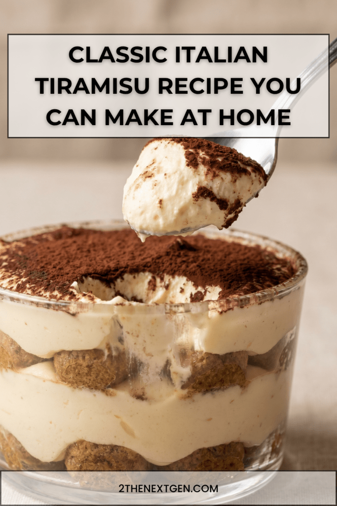 Classic Italian tiramisu recipe served in a glass dish with visible layers of espresso-soaked ladyfingers, creamy mascarpone filling, and cocoa powder on top