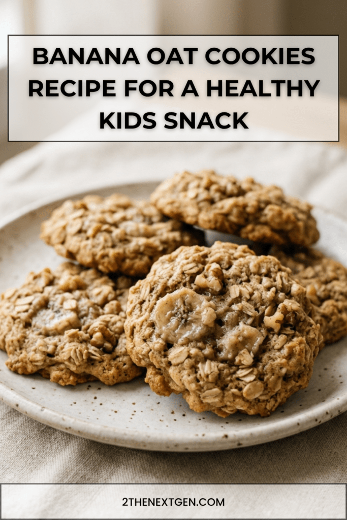 Banana oat cookies recipe served on a plate with soft texture, visible oats, and a healthy homemade look for kids snack time