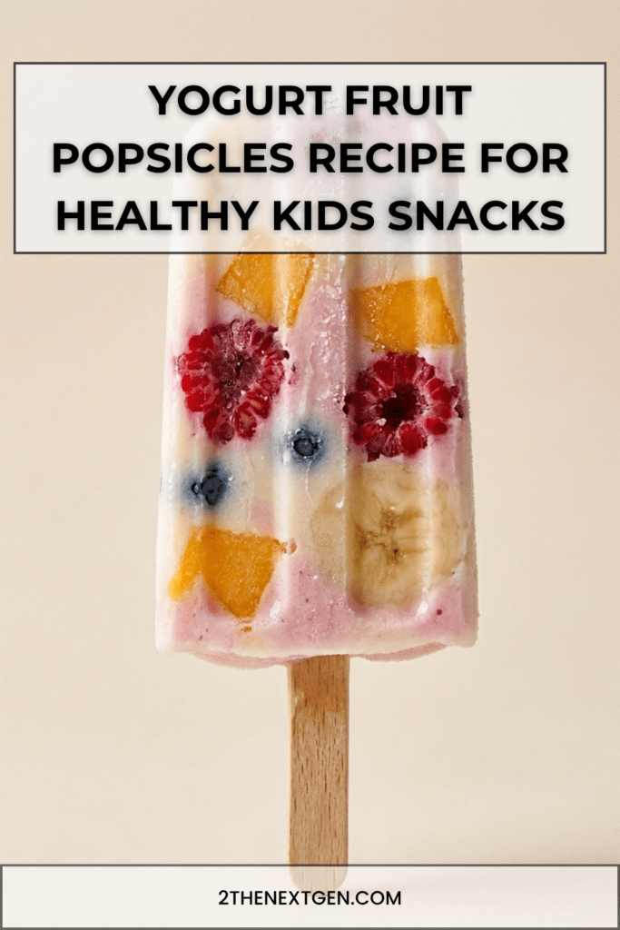 Yogurt fruit popsicles recipe with colorful frozen yogurt bars filled with fresh fruit pieces on a clean background