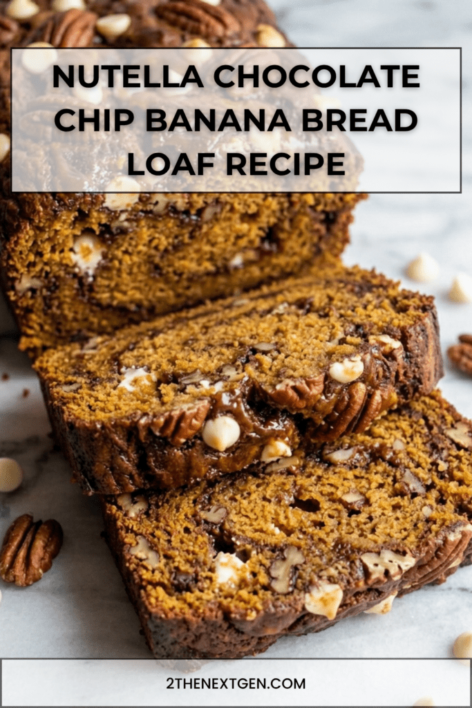 A moist homemade Nutella chocolate chip banana bread loaf sliced on a wooden board, showing a soft banana crumb, melted chocolate chips, and rich Nutella swirls on top.