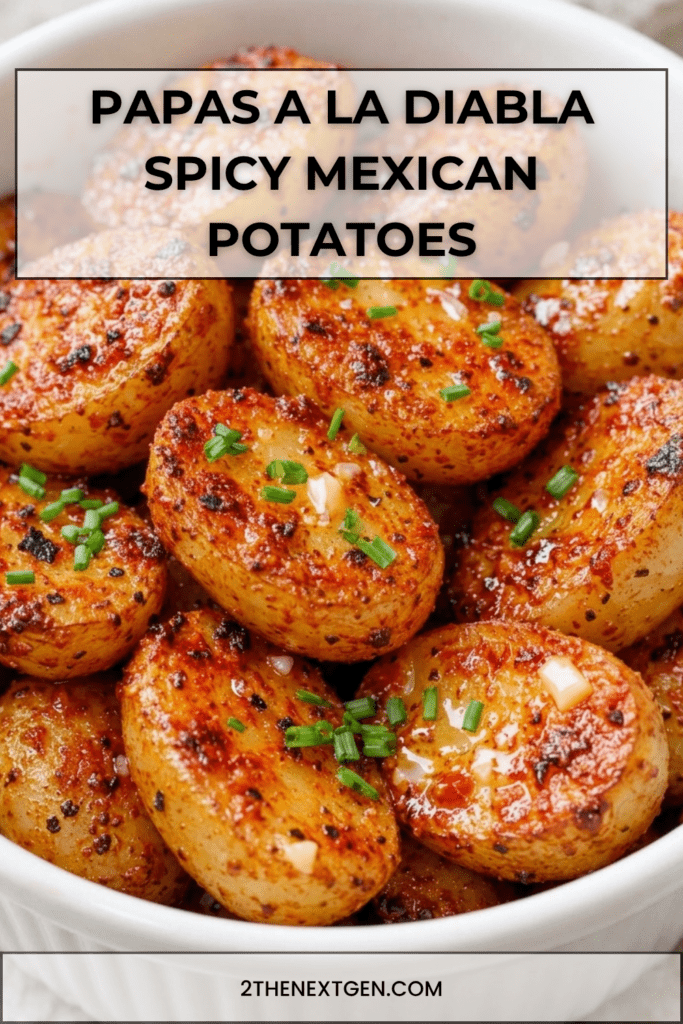 Spicy Mexican papas a la diabla served in a rustic bowl, coated in red chile de árbol sauce with garlic, lime, and crispy golden potato edges.