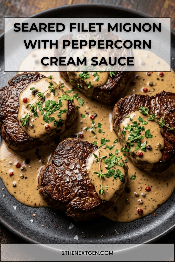 Perfectly seared filet mignon topped with creamy peppercorn sauce, served on a plate with a golden crust, juicy center, and rich glossy sauce.
