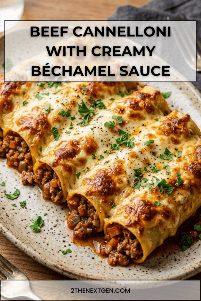 Oven-baked beef cannelloni covered in creamy béchamel sauce and melted cheese, golden on top with rich tomato ragu filling visible inside pasta tubes.
