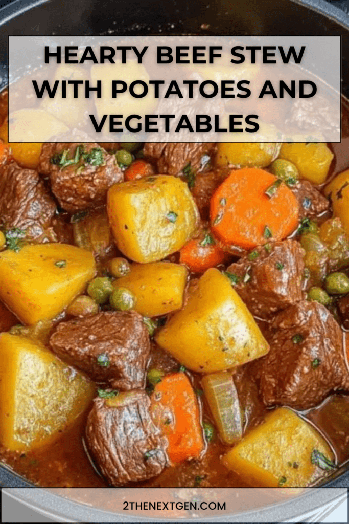 Hearty beef stew in a rustic bowl with tender beef chunks, soft potatoes, carrots, and peas in a rich thick broth garnished with fresh parsley.