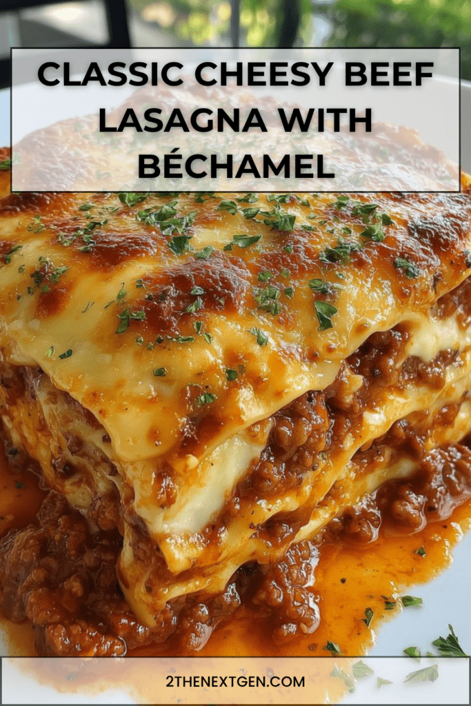 Golden baked beef lasagna layered with pasta sheets, rich tomato meat sauce, creamy béchamel, and melted cheese, sliced and served warm on a plate.