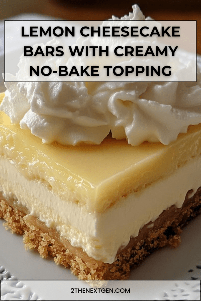No-bake lemon cheesecake bars with a buttery biscuit crust, creamy cheesecake layer, glossy lemon curd topping, and whipped cream decoration on top.
