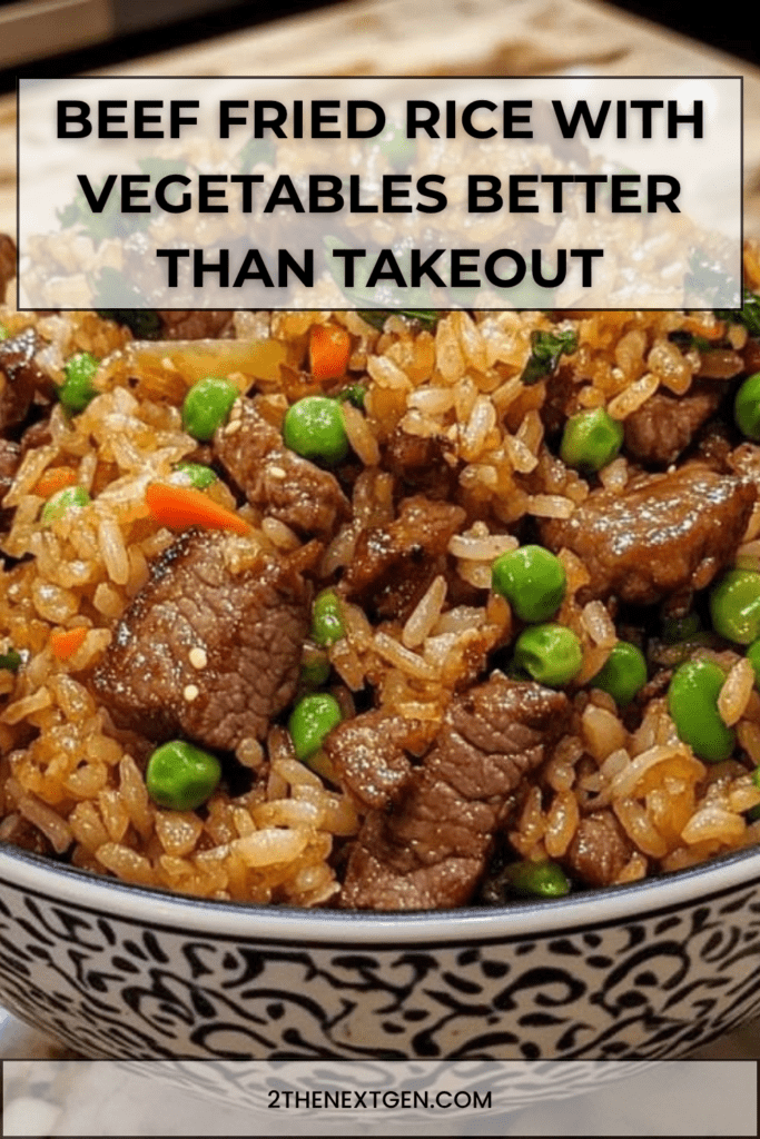 Beef fried rice in a wok with tender beef strips, fluffy rice grains, peas, carrots, and green onions, lightly coated in soy sauce and garnished fresh.