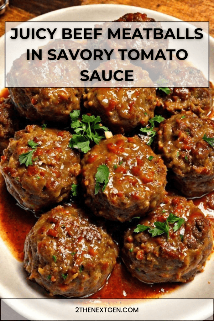 Tender beef meatballs in a rich tomato-based savory sauce, garnished with fresh parsley and served hot with a glossy, flavorful coating.
