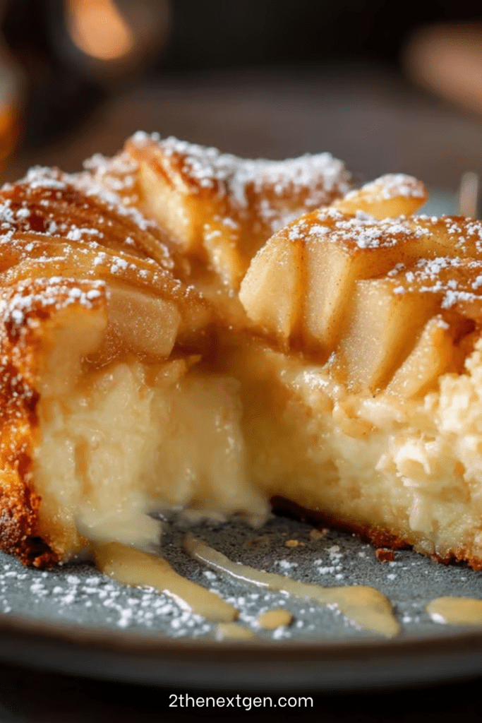 Freshly baked apple mascarpone cake in a round pan, topped with golden apple slices, with a soft moist crumb and creamy texture visible on a sliced piece.