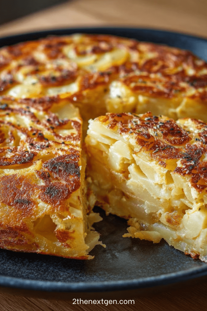 Golden Spanish tapas-style tortilla made with thinly sliced potatoes and eggs, cut into wedges on a plate, with a tender fluffy center and lightly browned top.