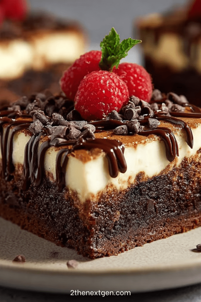 Rich brownie cheesecake with a fudgy chocolate base and creamy cheesecake swirl, sliced into squares showing moist texture and marbled layers.