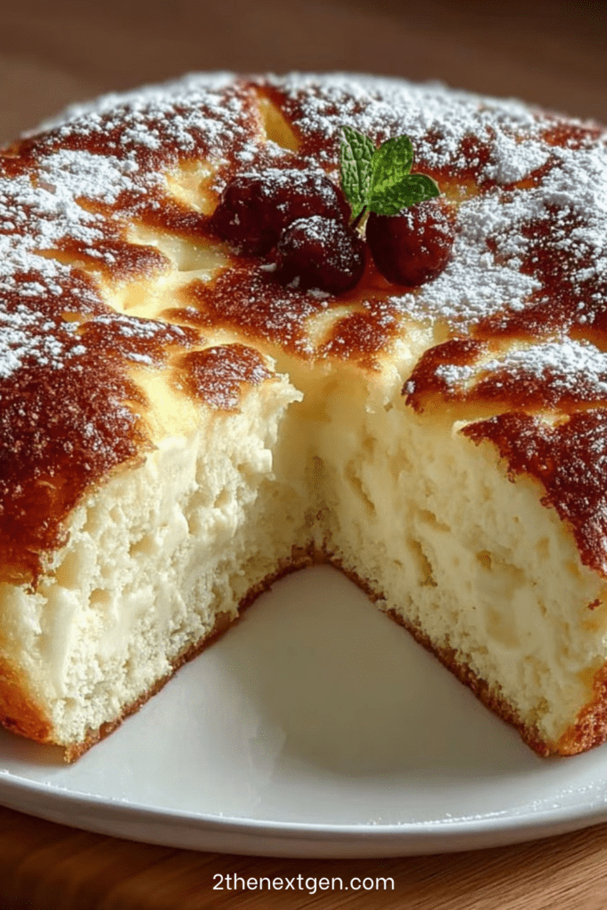 Soft and fluffy Greek yogurt cake sliced on a plate, showing a light airy crumb and golden crust, with a moist tender texture inside.