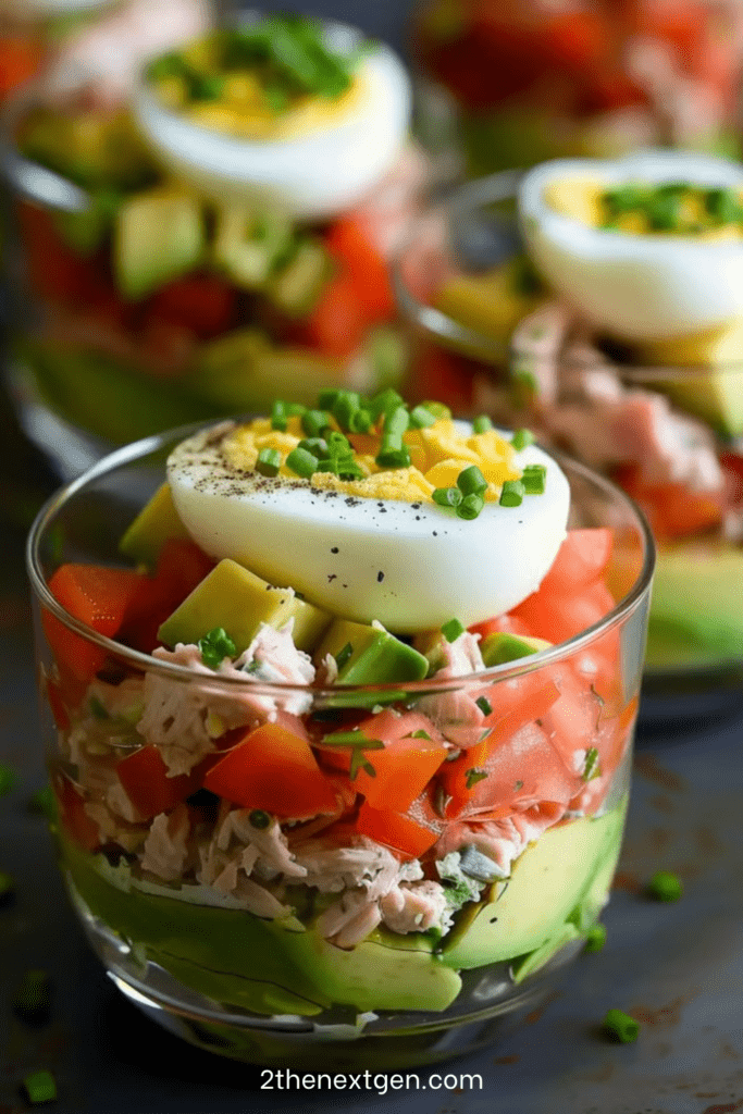 Layered tuna avocado verrines in glass cups with creamy mashed avocado, seasoned tuna, diced tomatoes, and half boiled egg on top, garnished with chives.
