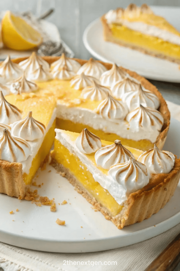 Homemade lemon meringue pie with a golden shortcrust base, smooth bright yellow lemon filling, and tall swirls of lightly toasted meringue on top, served on a dessert plate with fresh lemon slices nearby.