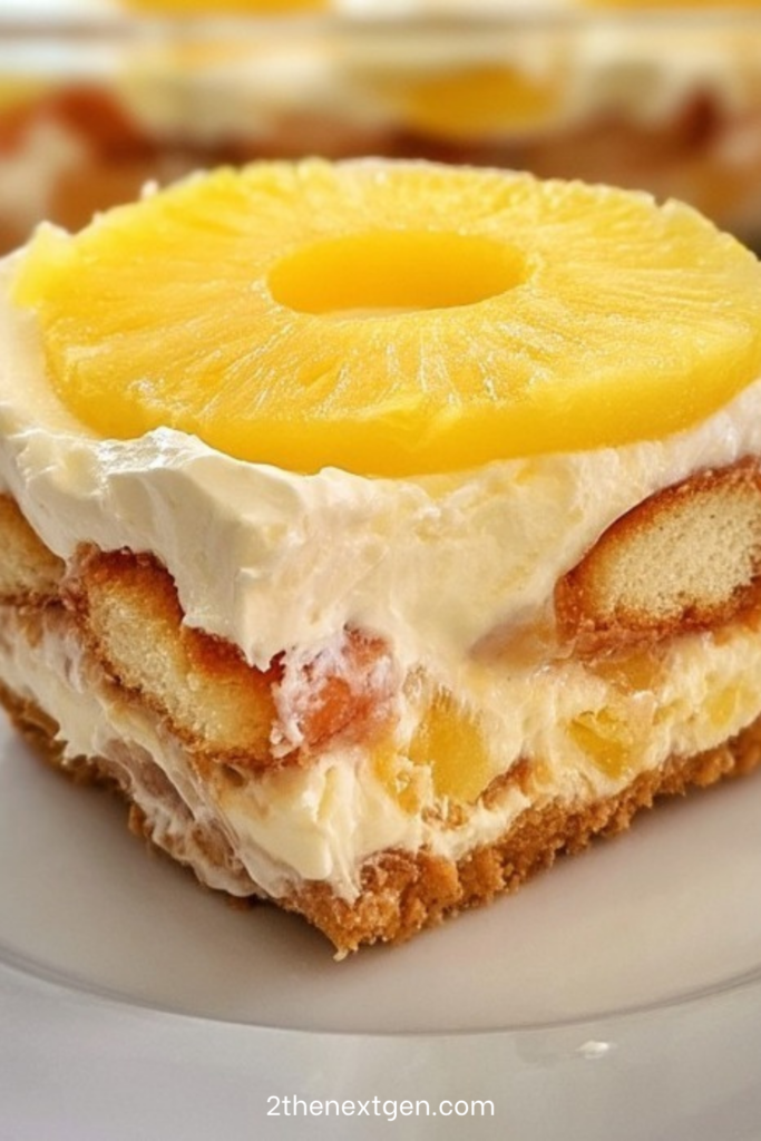 No-bake pineapple mascarpone dessert served in a glass dish with layers of juice-soaked cookies, smooth mascarpone cream, pineapple chunks, and a pineapple slice on top.