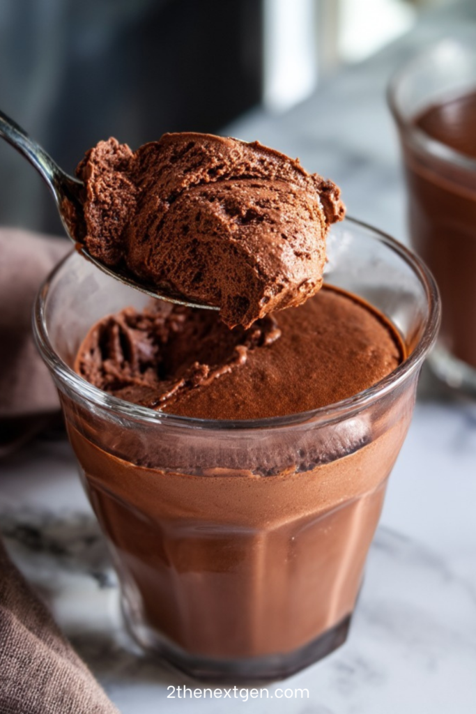 Traditional chocolate mousse served in glass cups with a smooth, airy texture, topped with chocolate shavings and a slightly glossy surface, placed on a dark elegant background.