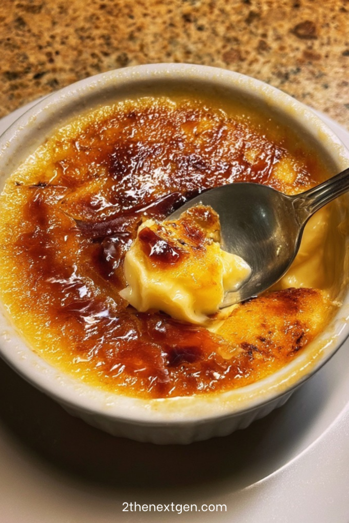 Classic vanilla crème brûlée in ceramic ramekins with a smooth creamy custard and a golden caramelized sugar crust, slightly cracked on top, served with a spoon.