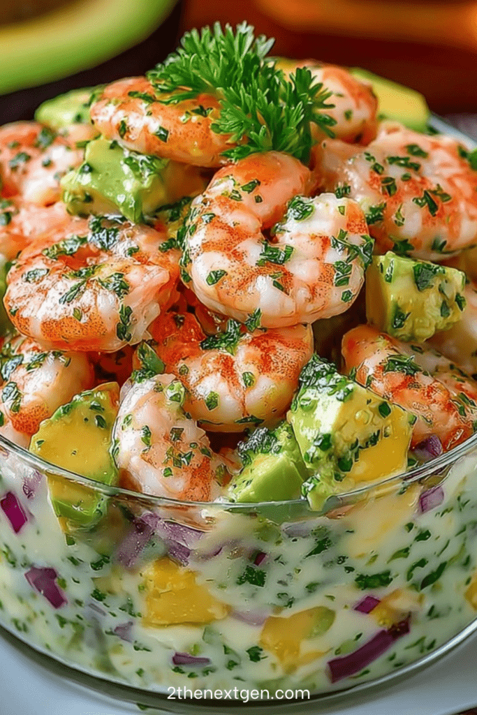 Creamy shrimp and avocado salad served in a bowl with pink shrimp, diced green avocado, fresh herbs, and a smooth herb dressing, garnished with parsley and lemon slices.