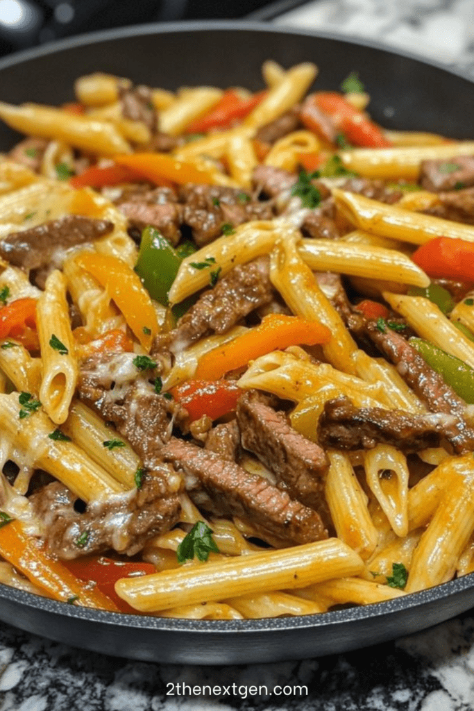 Creamy steak and pepper penne pasta in a bowl with tender beef strips, colorful bell peppers, and a rich cheesy cream sauce, garnished with parsley.
