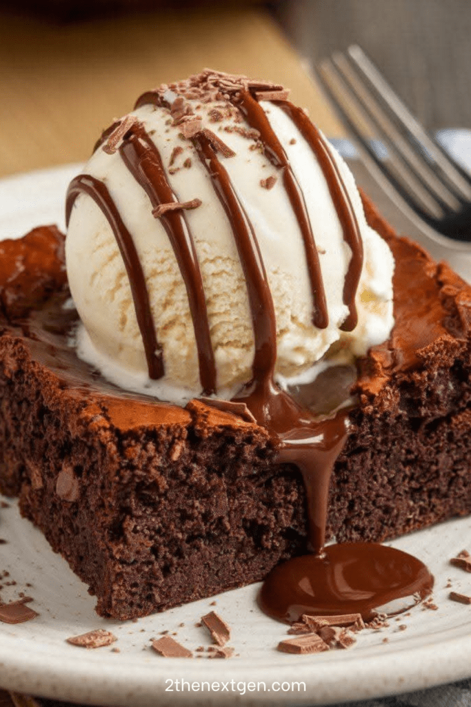 Warm fudgy chocolate brownie topped with a scoop of vanilla ice cream and drizzled with glossy chocolate sauce, served on a dessert plate.