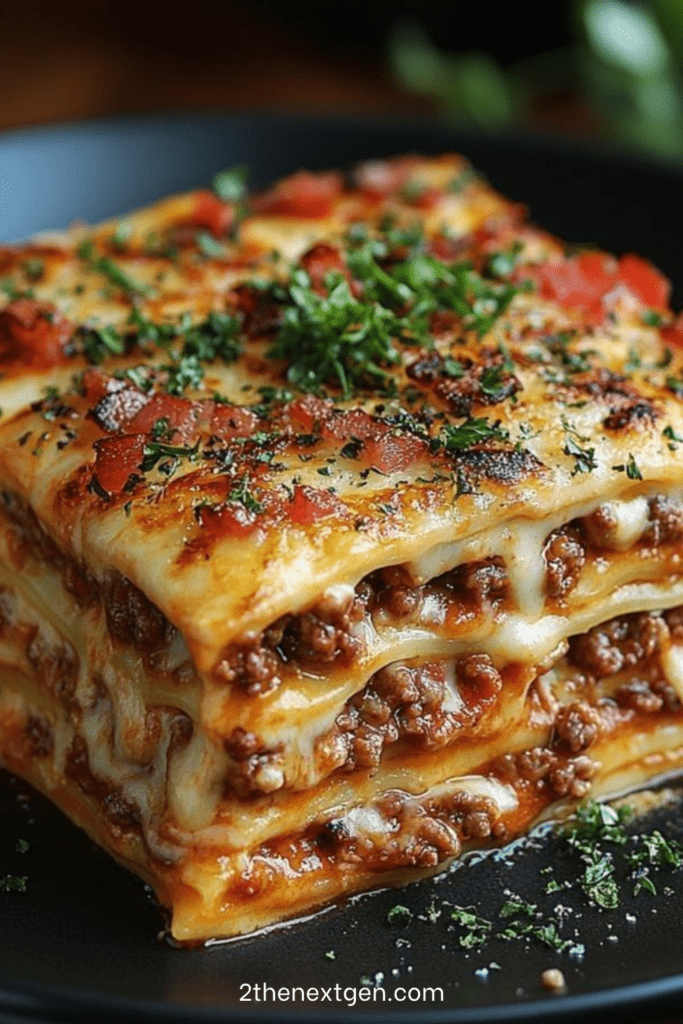 Classic beef lasagna in a baking dish with visible layers of pasta, rich meat sauce, creamy ricotta, and melted golden mozzarella cheese on top.