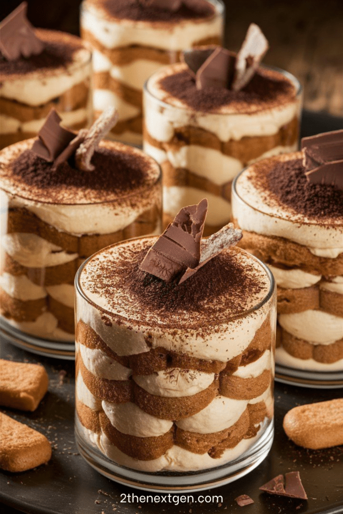 No-bake tiramisu cups in glass jars with layers of coffee-soaked ladyfingers, creamy mascarpone filling, cocoa powder dusting, and chocolate shavings on top.