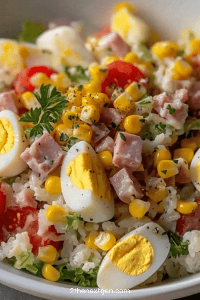 Fresh rice salad in a bowl with fluffy rice, tuna, diced bell peppers, tomatoes, corn, red onion, and herbs, lightly dressed with olive oil vinaigrette.