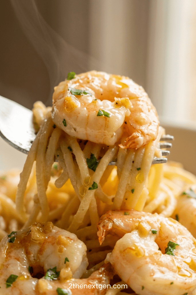 Creamy garlic shrimp pasta served in a bowl with spaghetti coated in a rich cream sauce, tender shrimp, grated Parmesan, and fresh parsley garnish. sunday dinner idea.