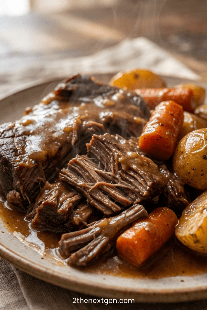 Classic Sunday Dinner pot roast in a Dutch oven with tender beef, carrots, and potatoes in a rich savory gravy, served hot on a rustic table.