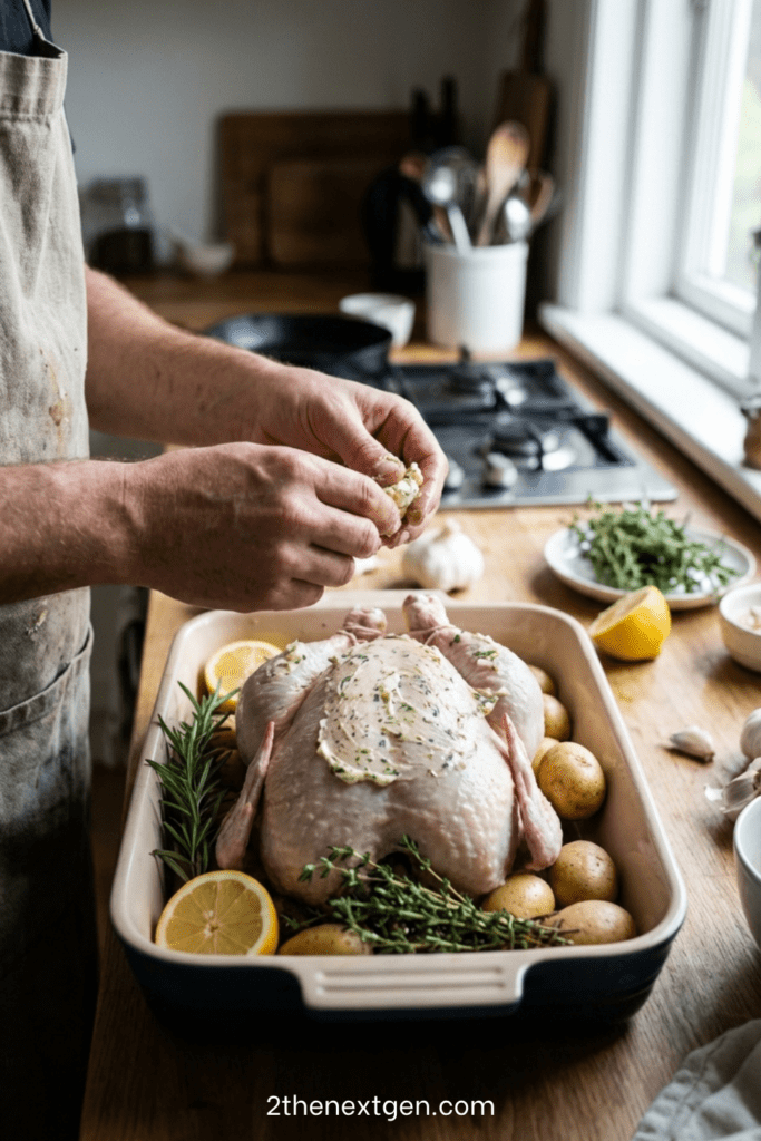 Whole roasted chicken with golden crispy skin, surrounded by roasted baby potatoes, garnished with herbs and lemon, served on a rustic tray. Easy Sunday Dinner