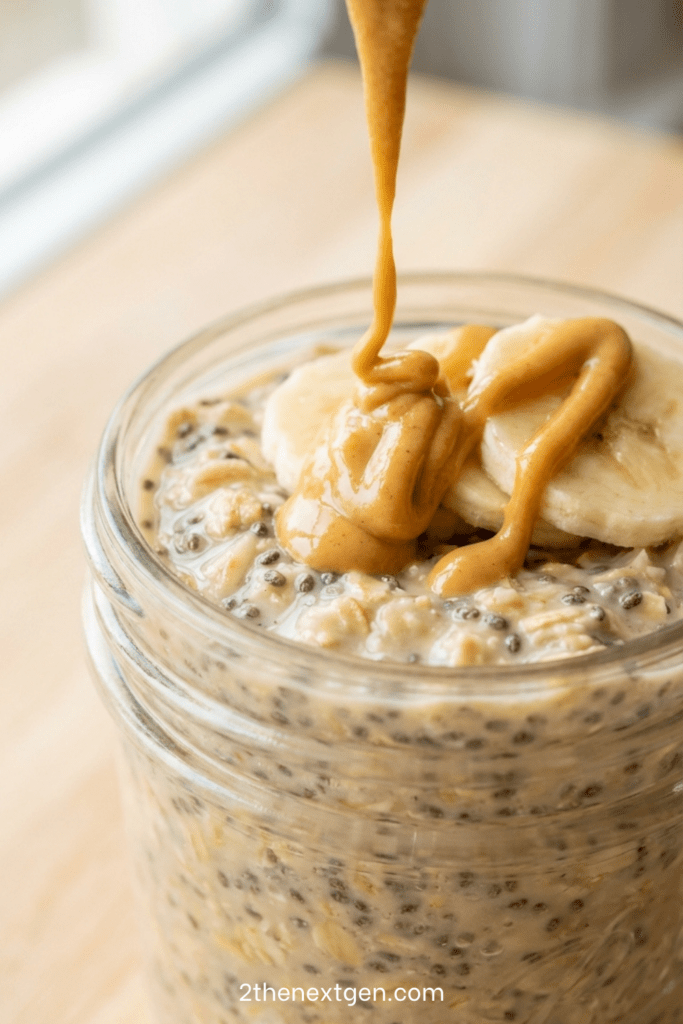 Healthy Breakfast Peanut butter banana overnight oats in a jar with creamy oats, banana slices, chia seeds, and a drizzle of peanut butter on top.