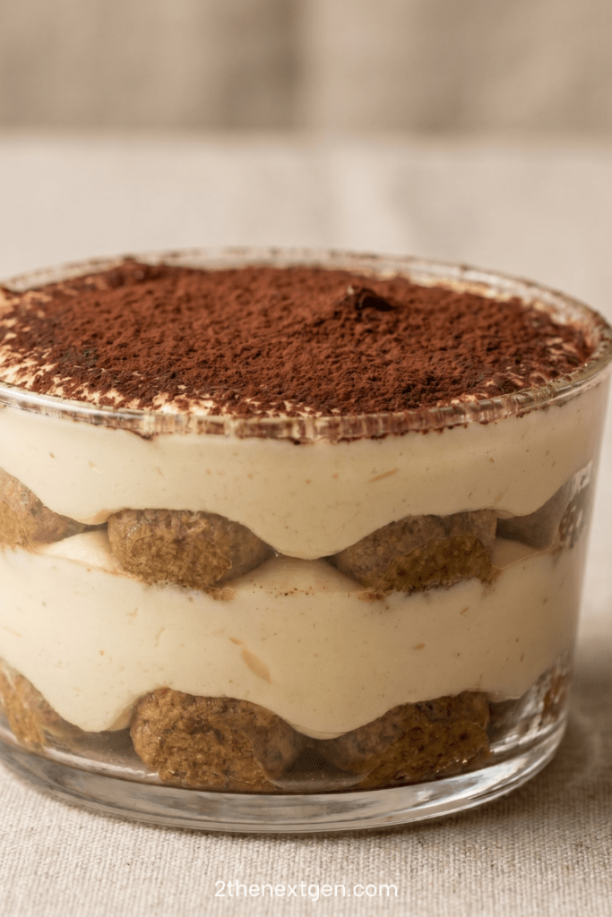 Classic Italian tiramisu recipe served in a glass dish with visible layers of espresso-soaked ladyfingers, creamy mascarpone filling, and cocoa powder on top