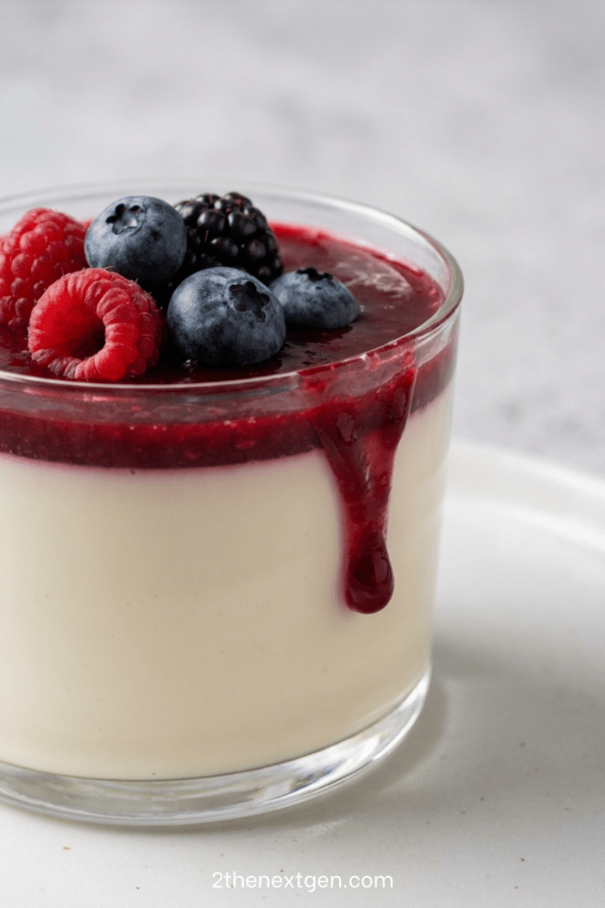Vanilla panna cotta recipe served in a glass with smooth creamy texture and berry coulis on top
