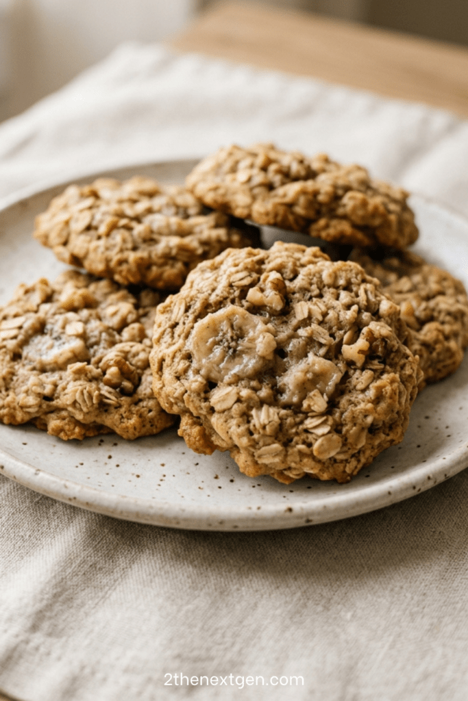 Banana oat cookies recipe served on a plate with soft texture, visible oats, and a healthy homemade look for kids snack time