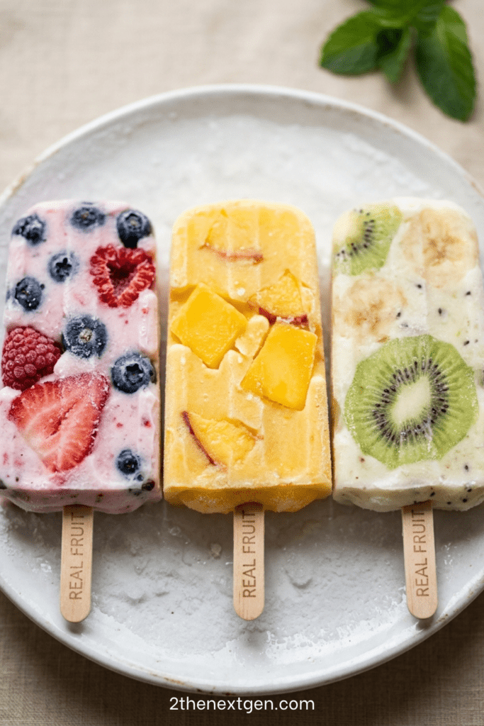Yogurt fruit popsicles recipe with colorful frozen yogurt bars filled with fresh fruit pieces on a clean background