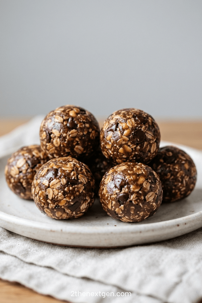 Energy balls recipe no bake with oats peanut butter and cocoa arranged on a plate with healthy snack appearance